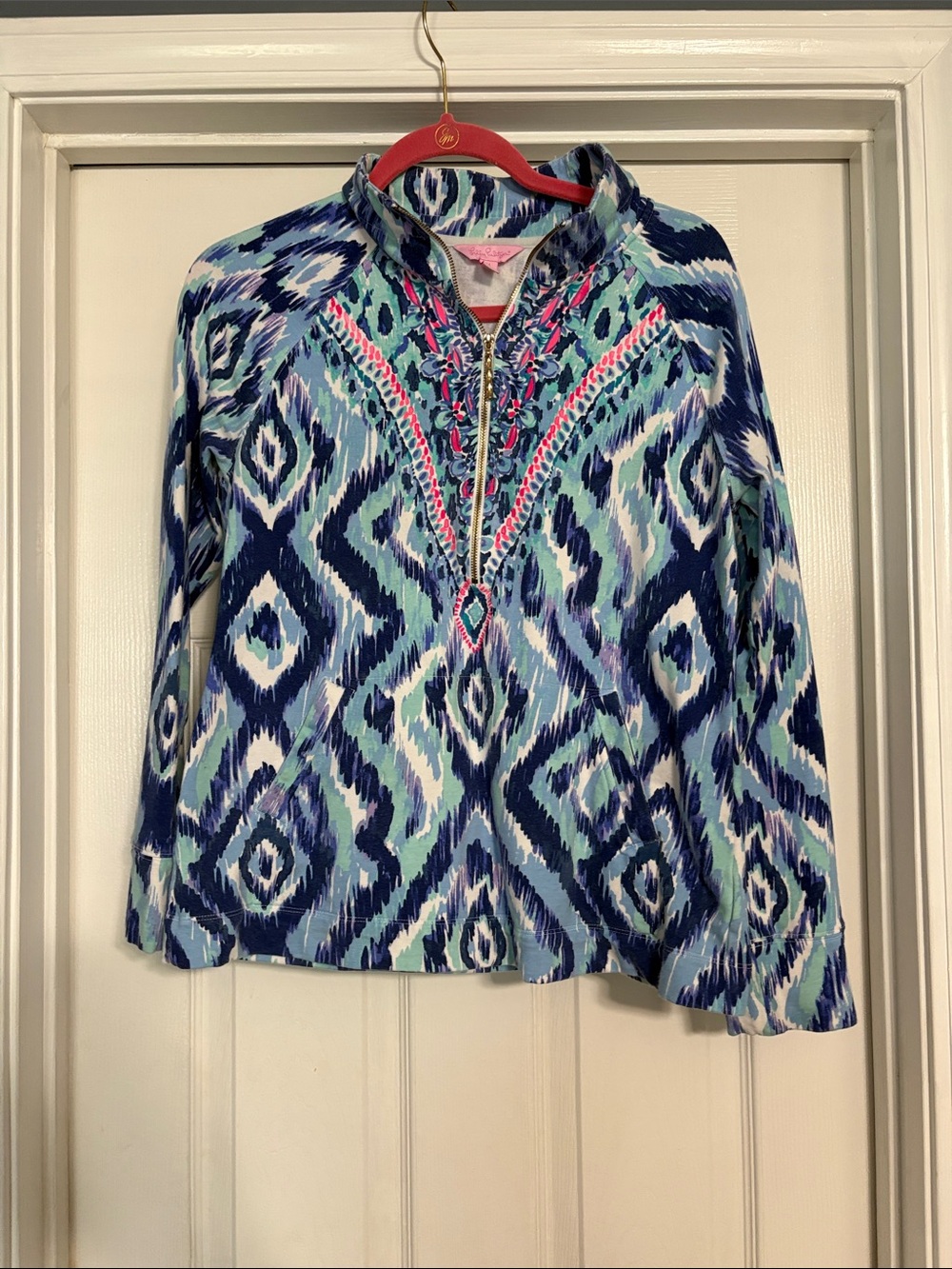 Lilly Pulitzer Navy, Aqua, Mint & White Ikat Zip Pullover with Pink Trim